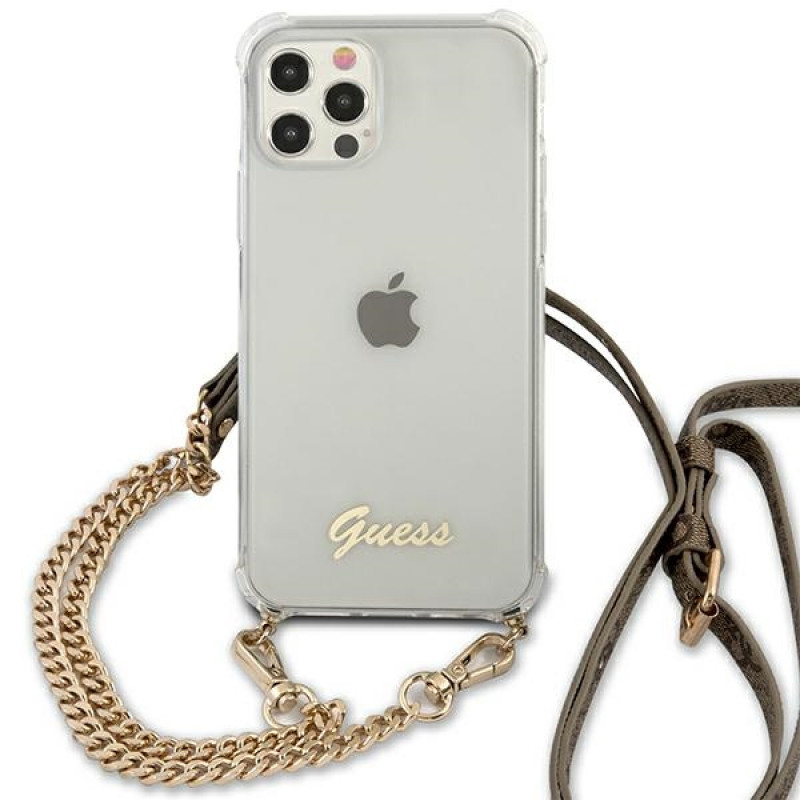 Guess GUHCP12MKC4GSGO Apple iPhone 12 / 12 Pro cietais maciņš 4G Gold Chain, caurspīdīgs