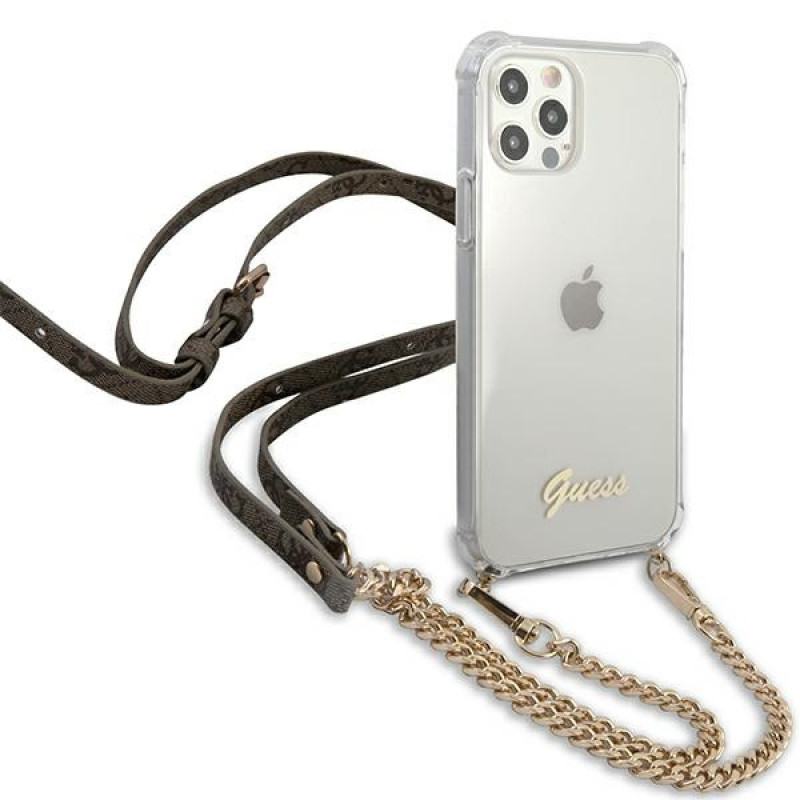Guess GUHCP12MKC4GSGO Apple iPhone 12 / 12 Pro cietais maciņš 4G Gold Chain, caurspīdīgs