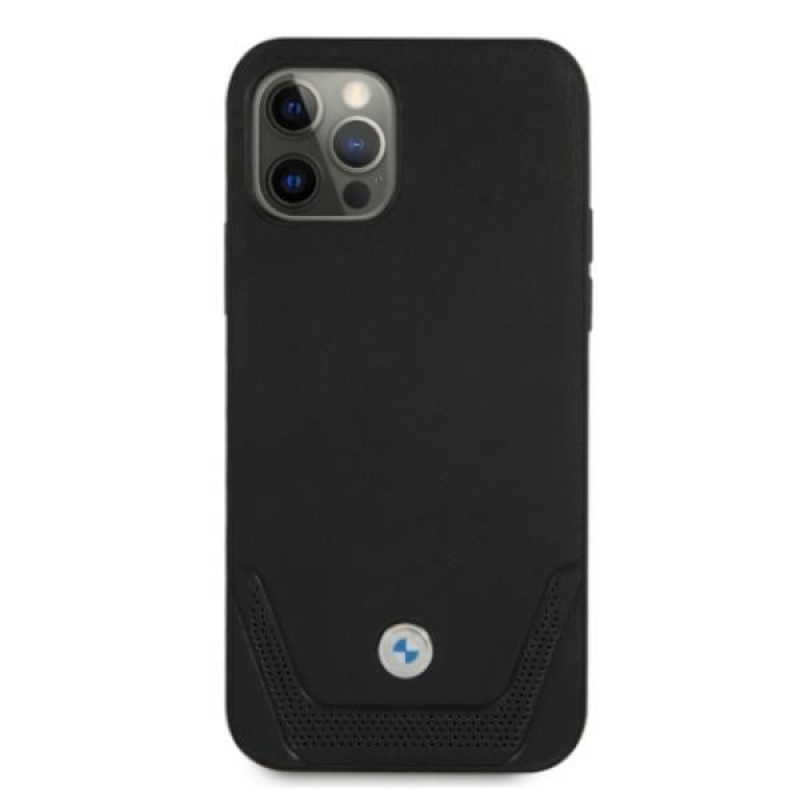 BMW BMHCP12MRSWPK Apple iPhone 12 / 12 Pro cietais futrālis Leather Perforate, melns