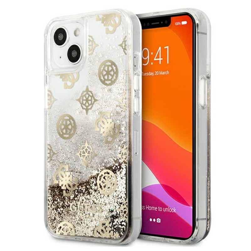 Guess GUHCP13SLGPEGO Apple iPhone 13 mini cietais maciņš Peony Liquid Glitter, zelta