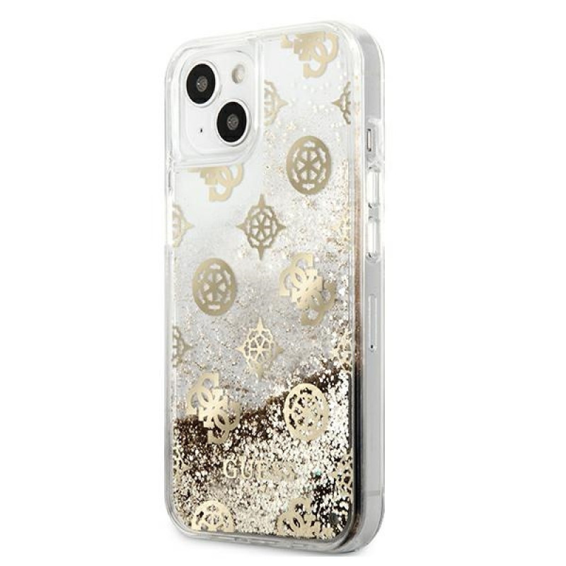 Guess GUHCP13SLGPEGO Apple iPhone 13 mini cietais maciņš Peony Liquid Glitter, zelta