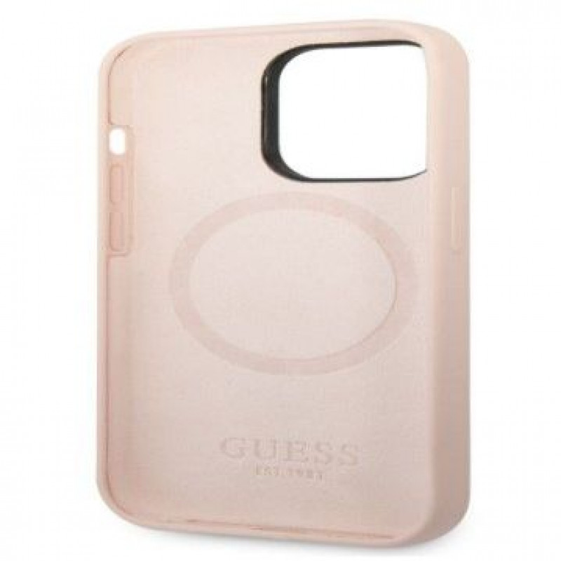 Guess silikona apvalks ar metāla logotipu, saderīgs ar MagSafe, Apple iPhone 14 Pro, rozā