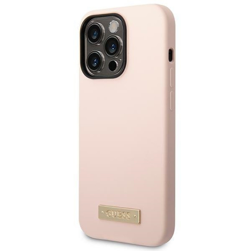 Guess silikona apvalks ar metāla logotipu, saderīgs ar MagSafe, Apple iPhone 14 Pro, rozā