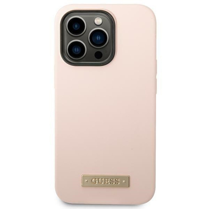 Guess silikona apvalks ar metāla logotipu, saderīgs ar MagSafe, Apple iPhone 14 Pro, rozā