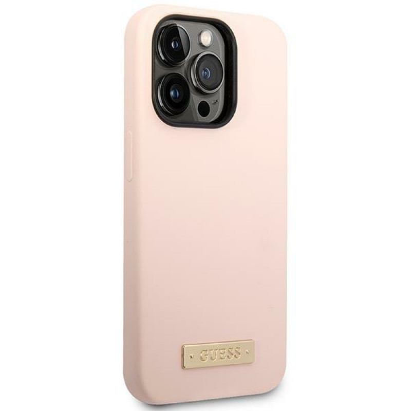 Guess silikona apvalks ar metāla logotipu, saderīgs ar MagSafe, Apple iPhone 14 Pro, rozā