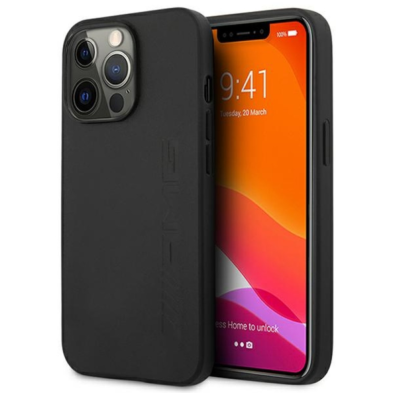 Mercedes-AMG AMHCP14LDOLBK Apple iPhone 14 Pro cietais maciņš, Leather Hot Stamped, melns