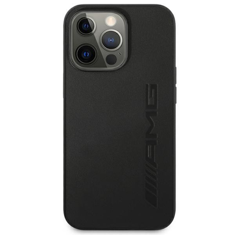Mercedes-AMG AMHCP14LDOLBK Apple iPhone 14 Pro cietais maciņš, Leather Hot Stamped, melns
