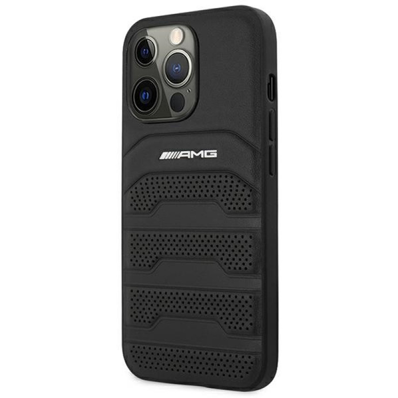 Mercedes-AMG AMHCP14LGSEBK Apple iPhone 14 Pro cietais maciņš, Leather Debossed Lines, melns