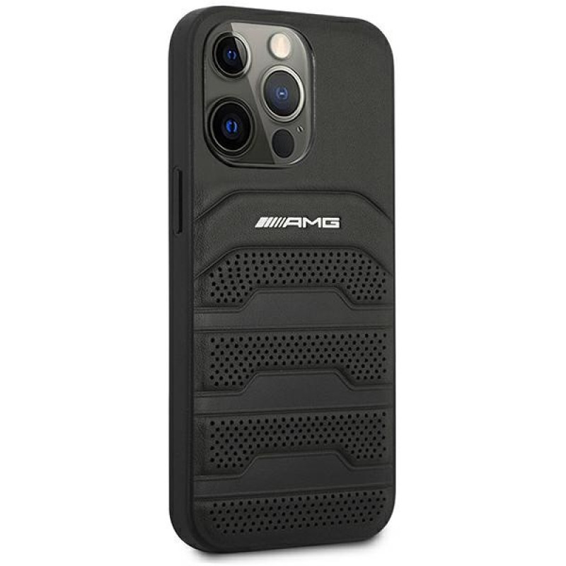 Mercedes-AMG AMHCP14LGSEBK Apple iPhone 14 Pro cietais maciņš, Leather Debossed Lines, melns