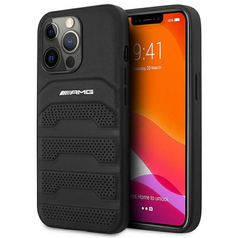 Mercedes-AMG AMHCP14XGSEBK Apple iPhone 14 Pro Max cietais maciņš, Leather Debossed Lines, melns