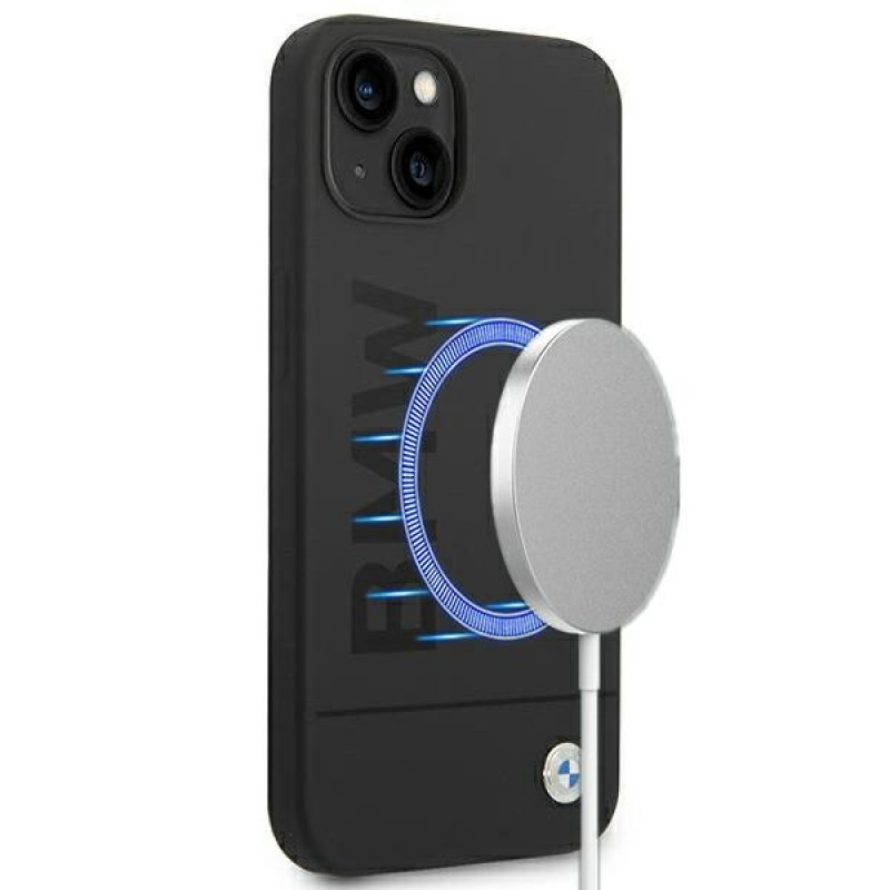 BMW BMHMP14MSLBLBK Apple iPhone 14 Plus / 15 Plus cietais maciņš, Silicone Signature Logo MagSafe, melns