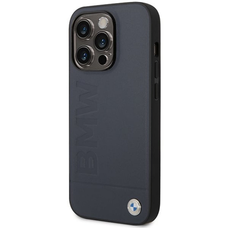 BMW BMHMP14XSLLNA Apple iPhone 14 Pro Max cietais futrālis, Leather Hot Stamp MagSafe, navy