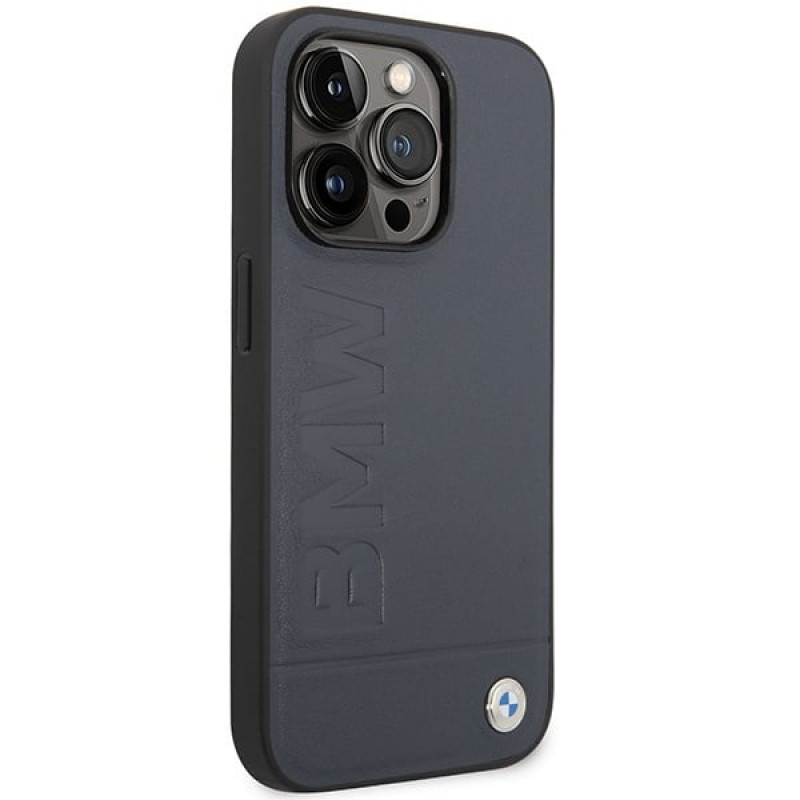 BMW BMHMP14XSLLNA Apple iPhone 14 Pro Max cietais futrālis, Leather Hot Stamp MagSafe, navy