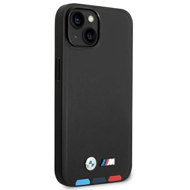 BMW BMHMP14S22PTDK Apple iPhone 14 vāciņš, Leather Stamp Tricolor MagSafe, melns