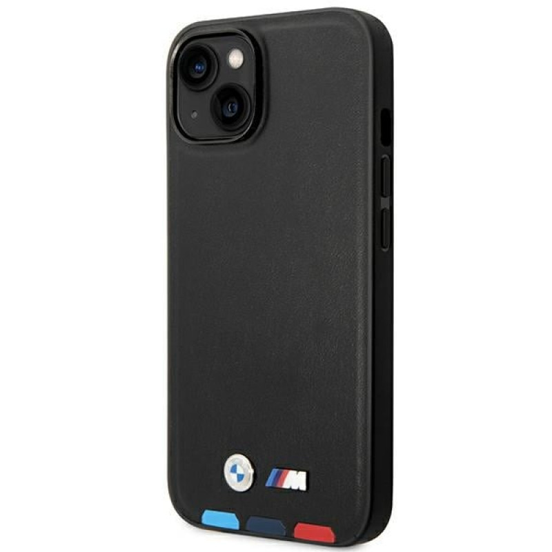 BMW BMHMP14M22PTDK Apple iPhone 14 Plus / 15 Plus vāciņš, Leather Stamp Tricolor MagSafe, melns