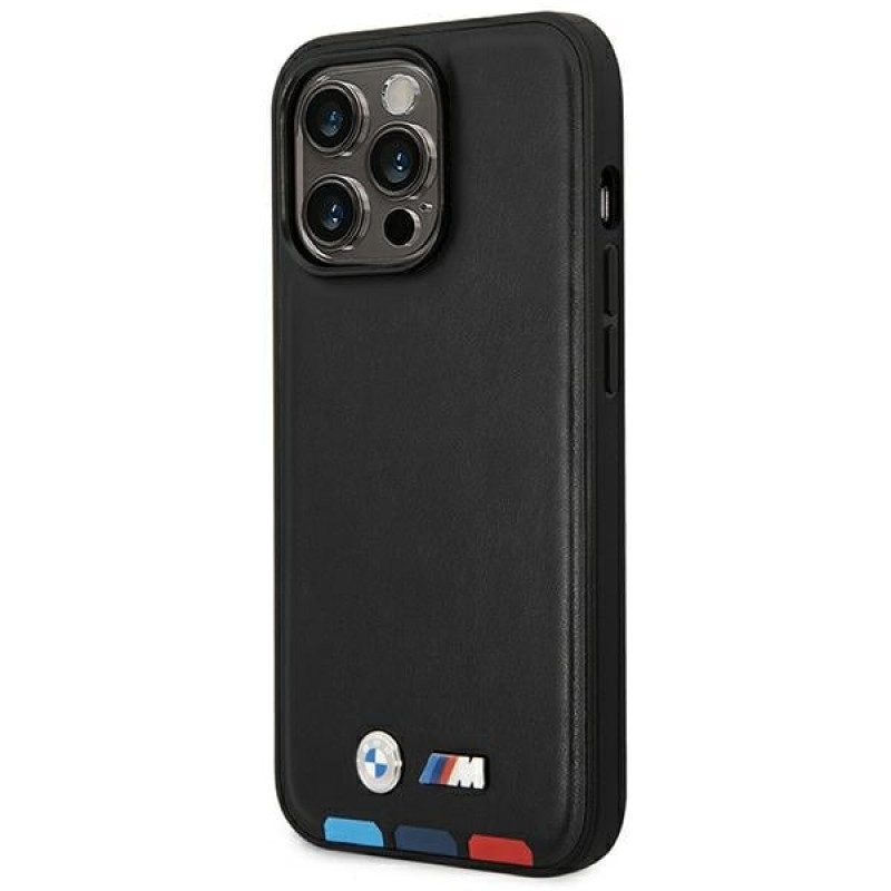 BMW BMHMP14L22PTDK Apple iPhone 14 Pro vāciņš, Leather Stamp Tricolor MagSafe, melns