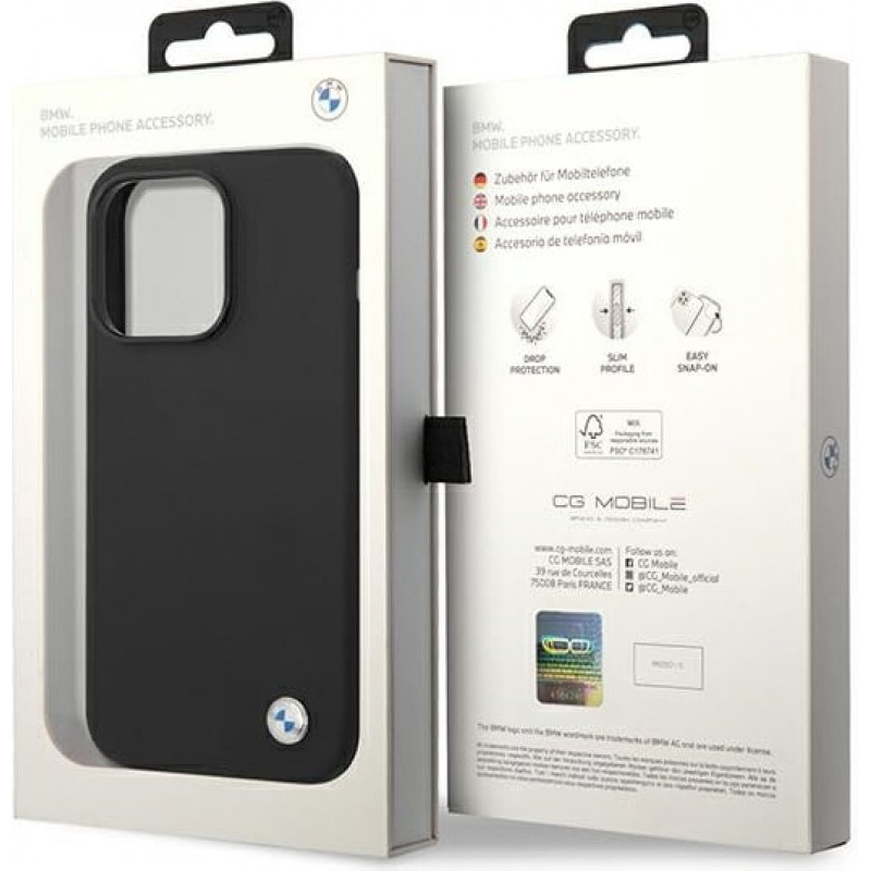 BMW BMHCP14XSILBK Silicone Metal Logo cietais futrālis Apple iPhone 14 Pro Max 6.7", melns