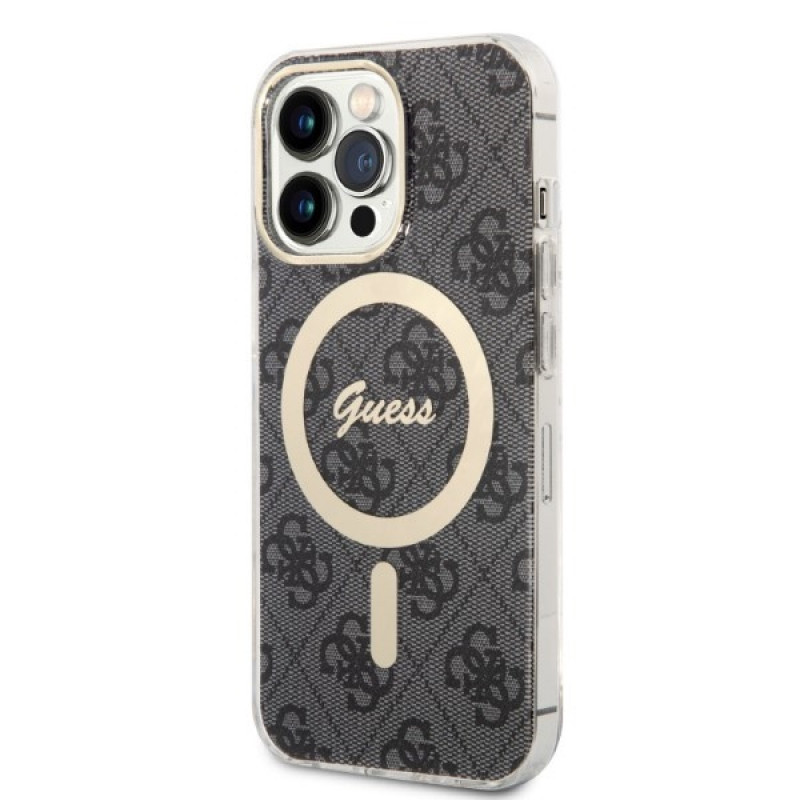 Guess GUBPP13LH4EACSK korpuss + bezvadu lādētājs komplekts Apple iPhone 13 Pro, melns cietais korpuss 4G Print MagSafe