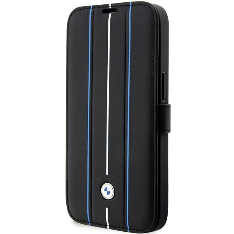 BMW BMBKP14L22RVSK Leather Stamp Blue Lines grāmatveida futrālis Apple iPhone 14 Pro 6.1", melns