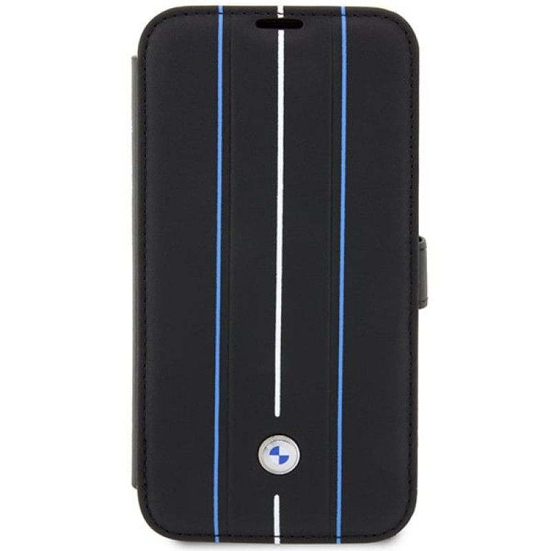 BMW BMBKP14L22RVSK Leather Stamp Blue Lines grāmatveida futrālis Apple iPhone 14 Pro 6.1", melns