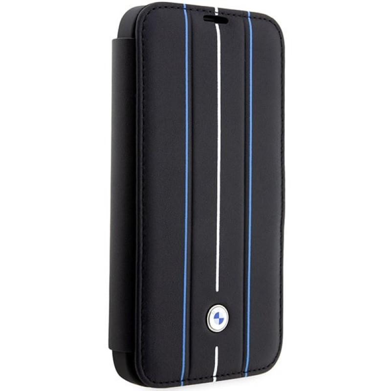 BMW BMBKP14L22RVSK Leather Stamp Blue Lines grāmatveida futrālis Apple iPhone 14 Pro 6.1", melns