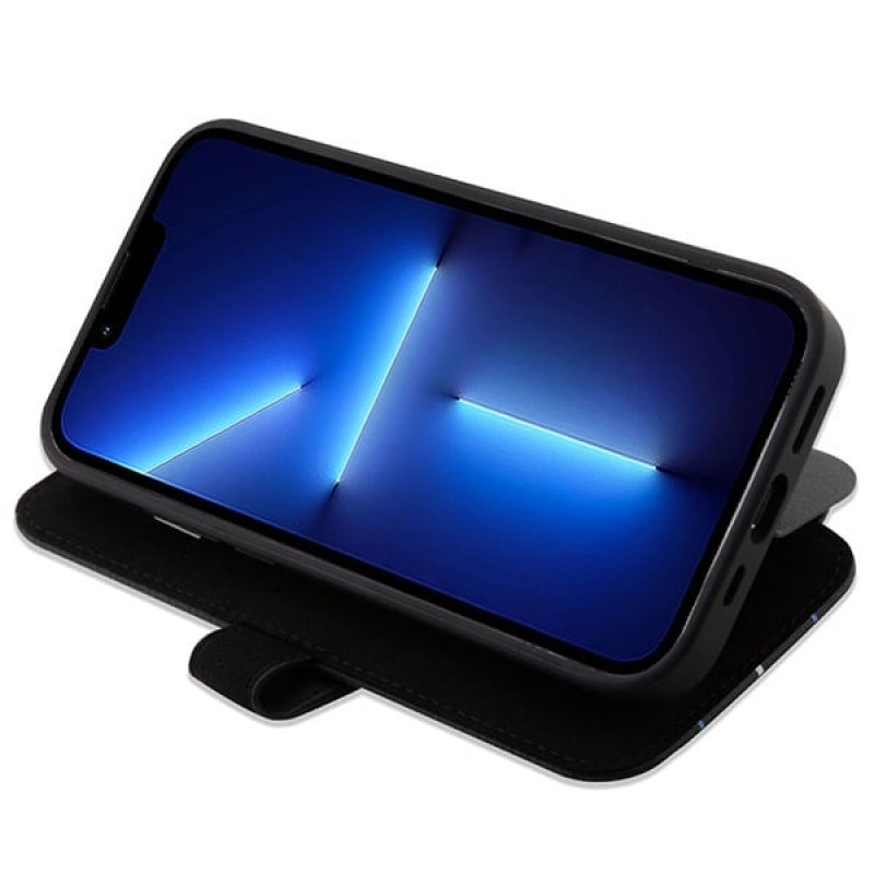 BMW BMBKP14L22RVSK Leather Stamp Blue Lines grāmatveida futrālis Apple iPhone 14 Pro 6.1", melns
