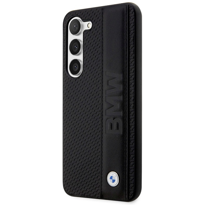 BMW BMHCS23M22RDPK Leather Textured & Stripe cietais futrālis Samsung Galaxy S23+ (S916), melns