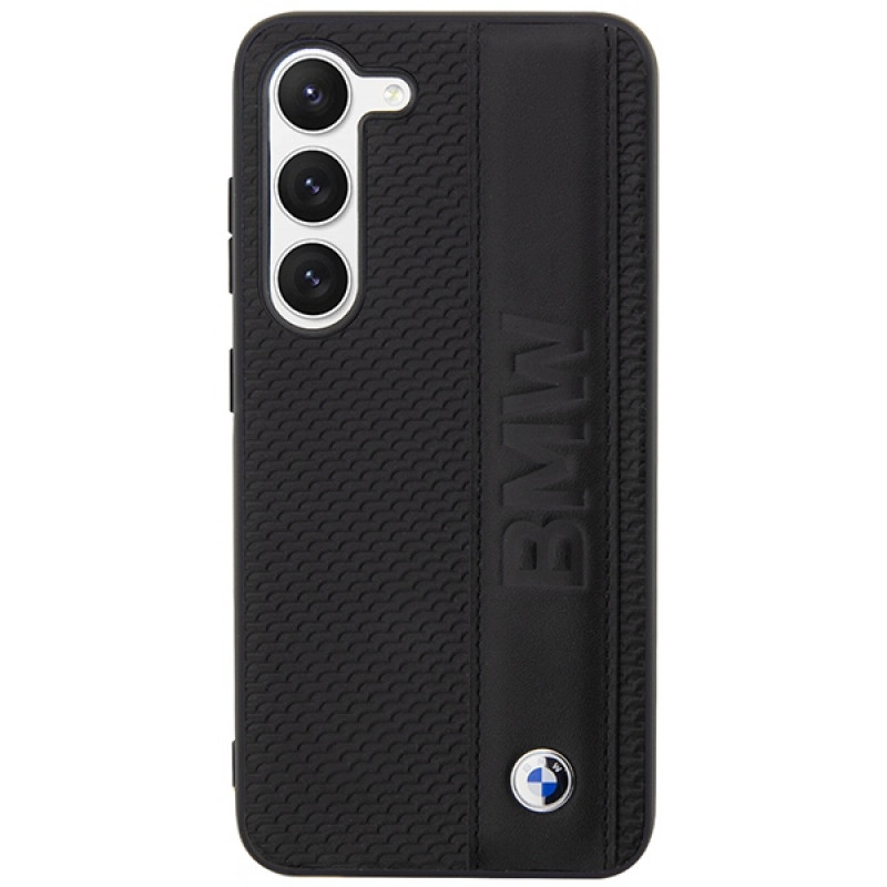 BMW BMHCS23M22RDPK Leather Textured & Stripe cietais futrālis Samsung Galaxy S23+ (S916), melns