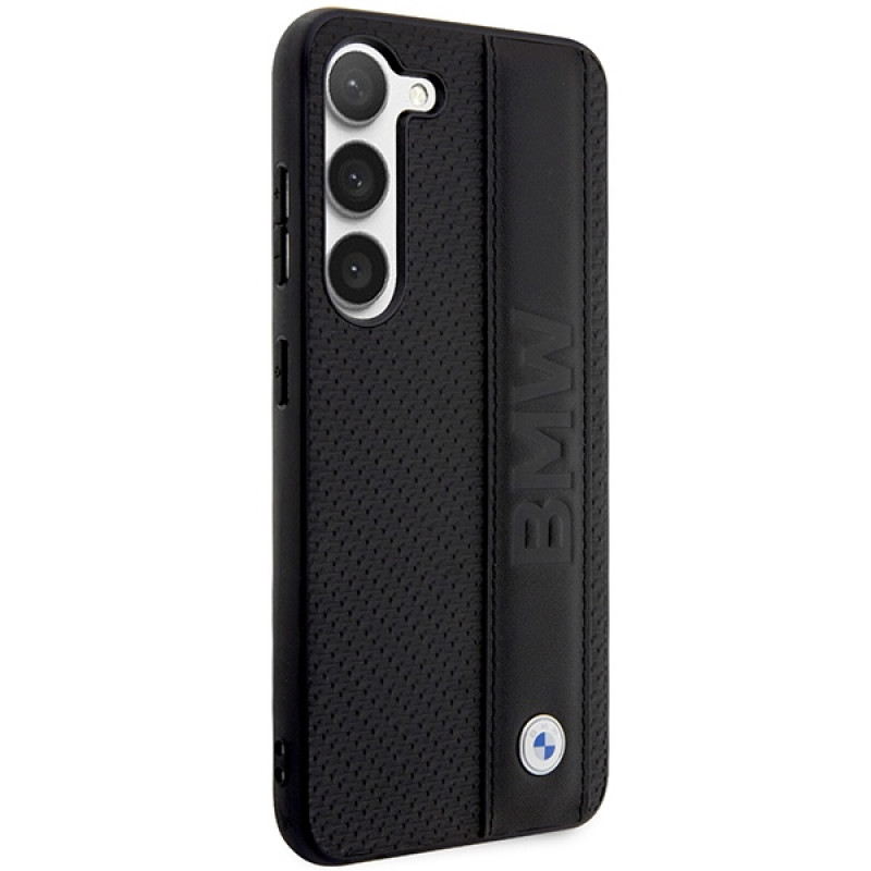 BMW BMHCS23M22RDPK Leather Textured & Stripe cietais futrālis Samsung Galaxy S23+ (S916), melns