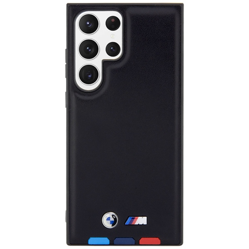 BMW BMHCS23L22PTDK Leather Stamp Tricolor cietais futrālis Samsung Galaxy S23 Ultra (S918), melns