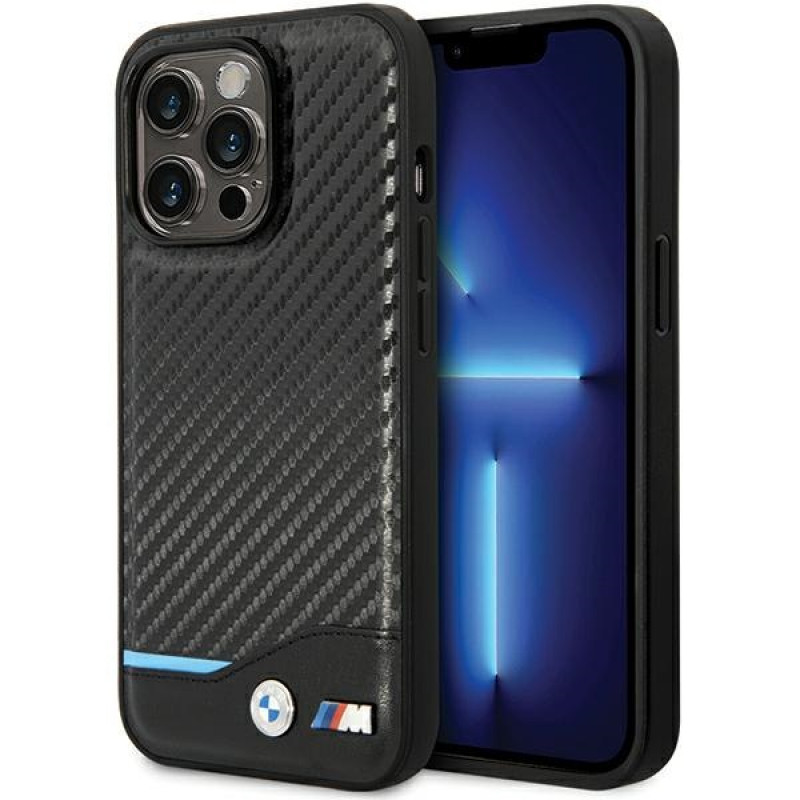 BMW BMHCP13X22NBCK Leather Carbon cietais maciņš Apple iPhone 13 Pro Max, melns