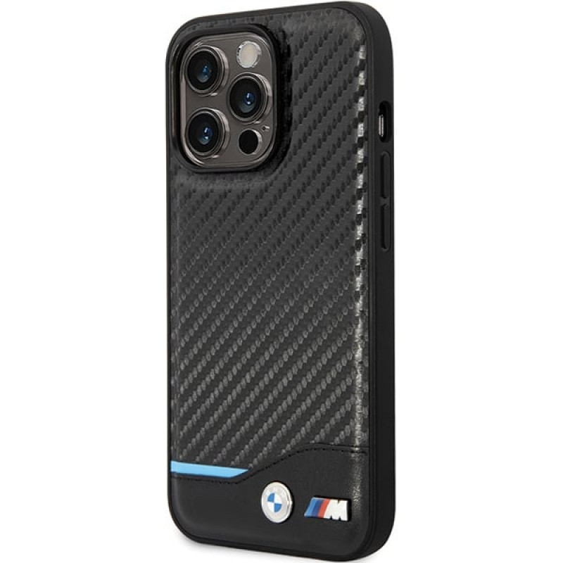 BMW BMHCP13X22NBCK Leather Carbon cietais maciņš Apple iPhone 13 Pro Max, melns