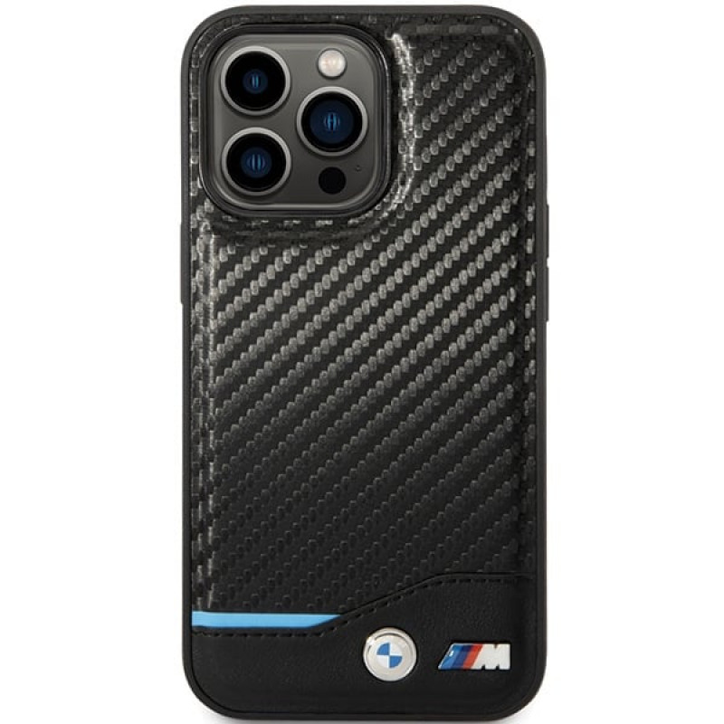 BMW BMHCP13X22NBCK Leather Carbon cietais maciņš Apple iPhone 13 Pro Max, melns