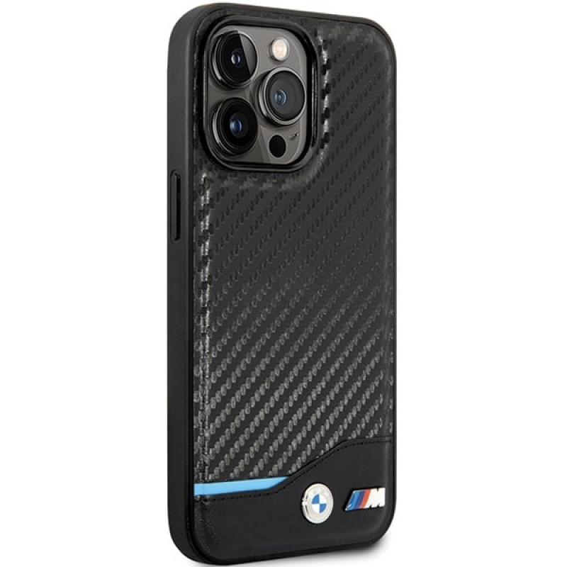 BMW BMHCP13X22NBCK Leather Carbon cietais maciņš Apple iPhone 13 Pro Max, melns