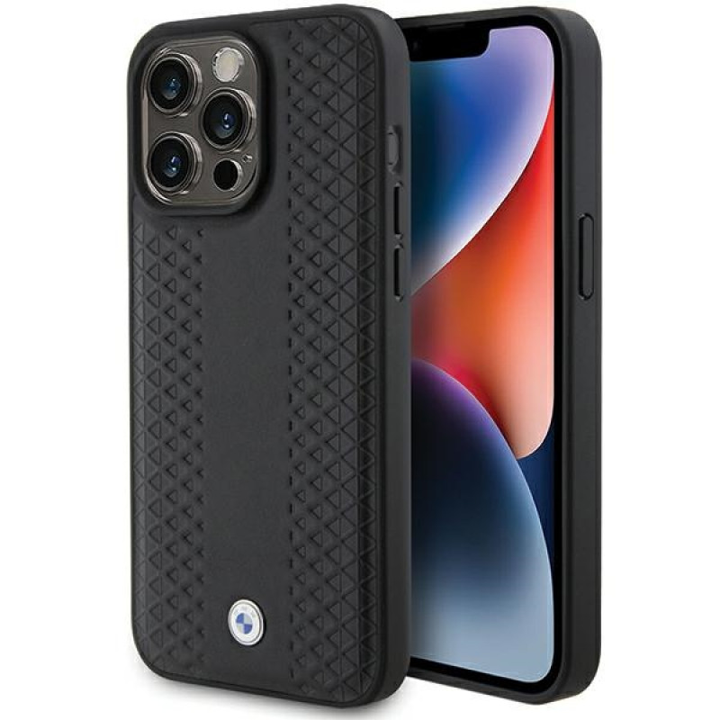 BMW BMHCP15L22RFGK Leather Diamond Pattern vāciņš Apple iPhone 15 Pro, melns