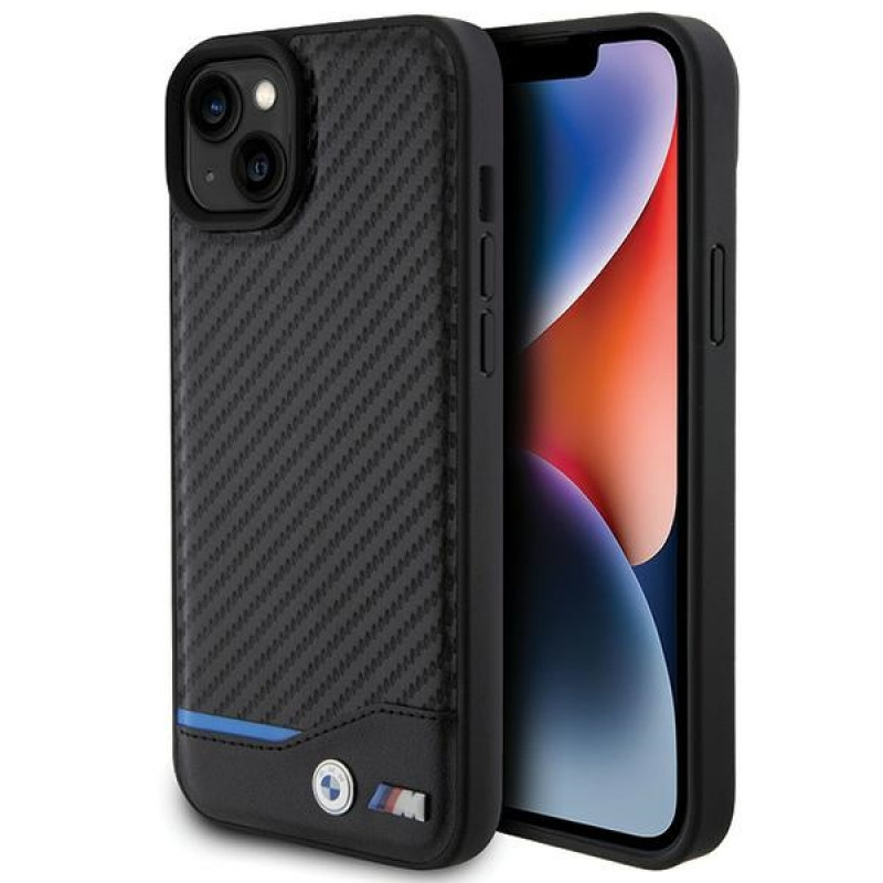 BMW BMHCP15M22NBCK Leather Carbon cietais maciņš Apple iPhone 15 Plus / 14 Plus, melns