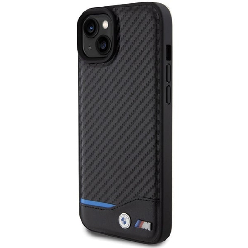 BMW BMHCP15M22NBCK Leather Carbon cietais maciņš Apple iPhone 15 Plus / 14 Plus, melns