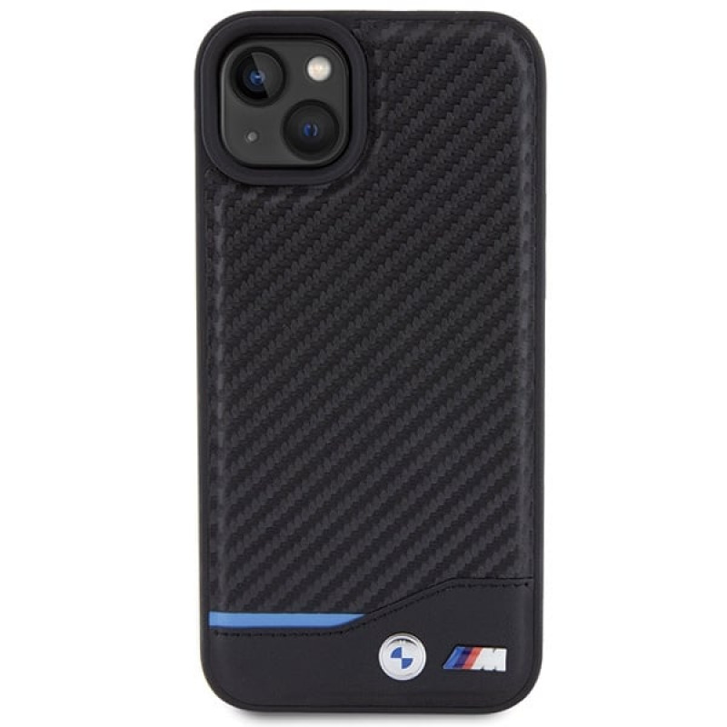 BMW BMHCP15M22NBCK Leather Carbon cietais maciņš Apple iPhone 15 Plus / 14 Plus, melns