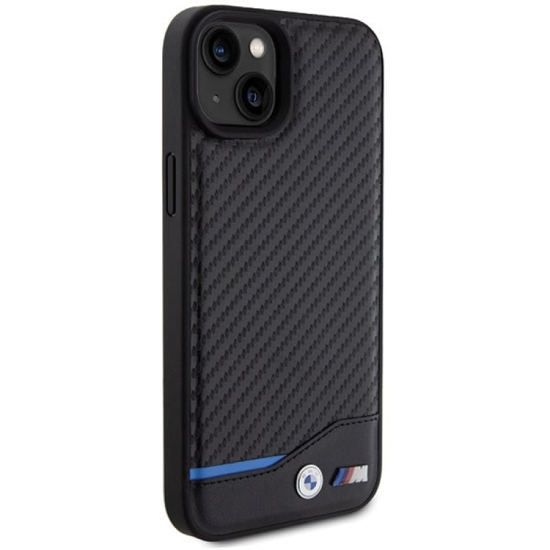 BMW BMHCP15M22NBCK Leather Carbon cietais maciņš Apple iPhone 15 Plus / 14 Plus, melns