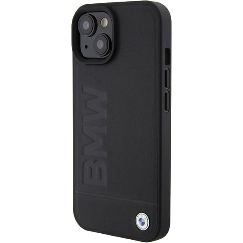 BMW BMHMP15MSLLBK Leather Hot Stamp MagSafe vāciņš ar ādas apdari Apple iPhone 15 Plus / 14 Plus, melns