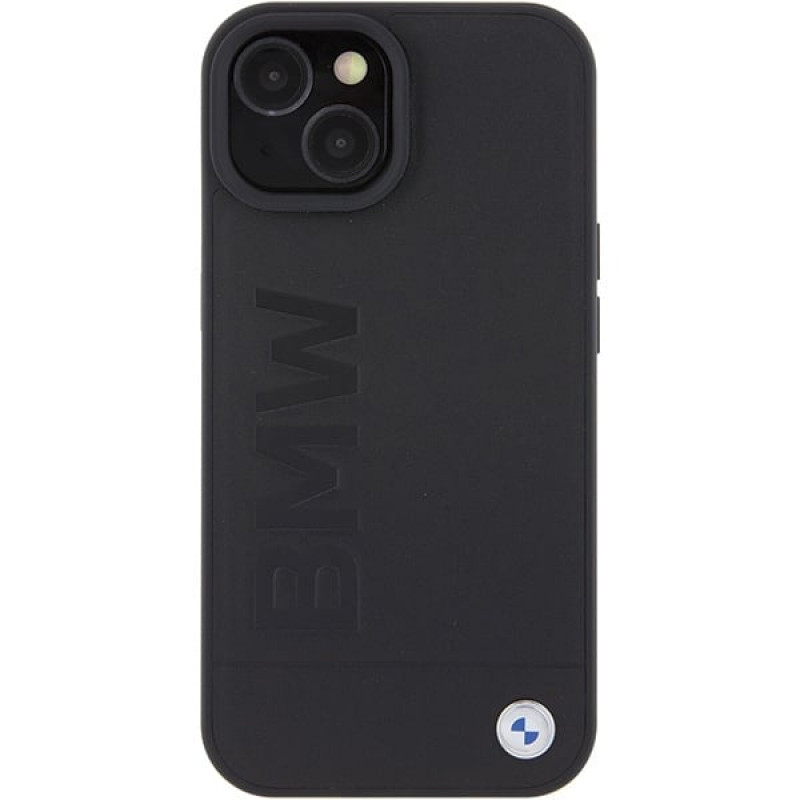 BMW BMHMP15MSLLBK Leather Hot Stamp MagSafe vāciņš ar ādas apdari Apple iPhone 15 Plus / 14 Plus, melns