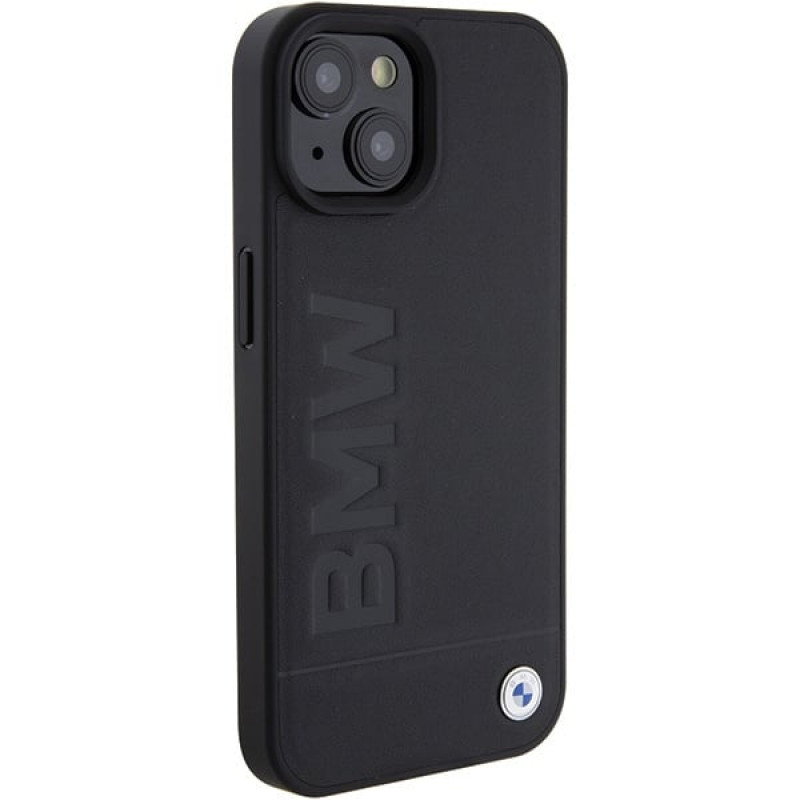 BMW BMHMP15MSLLBK Leather Hot Stamp MagSafe vāciņš ar ādas apdari Apple iPhone 15 Plus / 14 Plus, melns