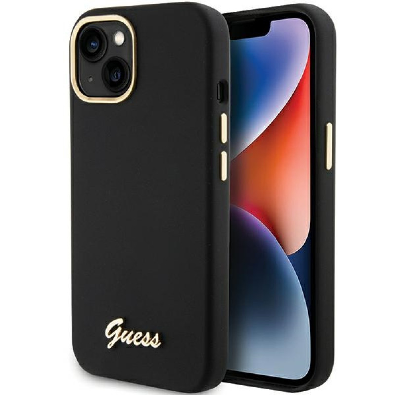 Guess GUHCP15SSMBSLK Silicone Script Metal Logo & Frame cietais maciņš Apple iPhone 15 / 14 / 13, melns