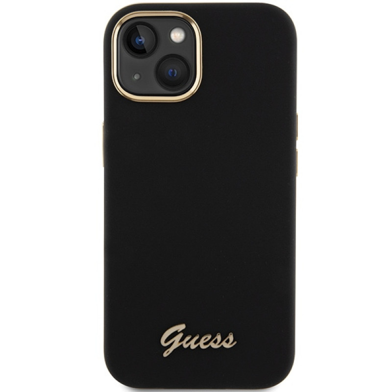 Guess GUHCP15SSMBSLK Silicone Script Metal Logo & Frame cietais maciņš Apple iPhone 15 / 14 / 13, melns