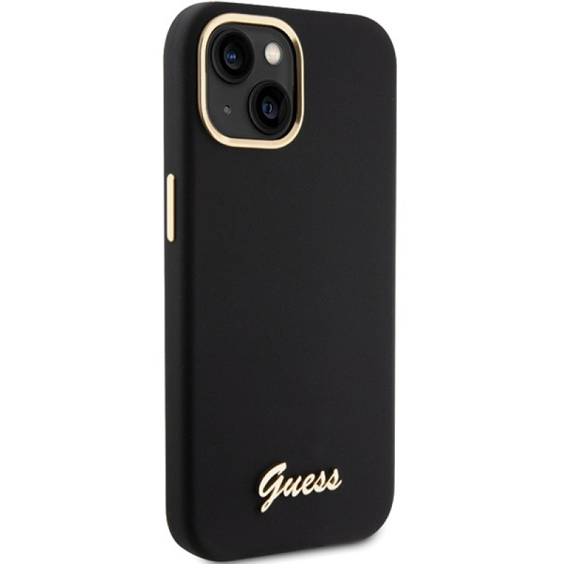 Guess GUHCP15SSMBSLK Silicone Script Metal Logo & Frame cietais maciņš Apple iPhone 15 / 14 / 13, melns