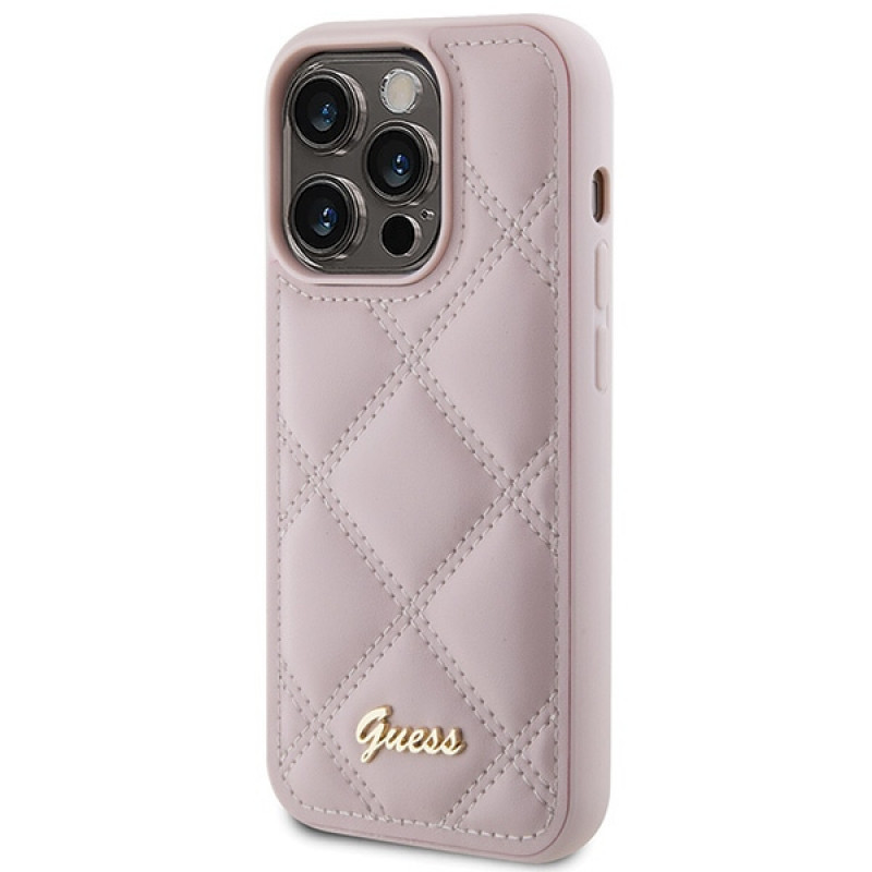 Guess GUHCP15LPSQSQSP Quilted Metal Logo cietais maciņš Apple iPhone 15 Pro, rozā