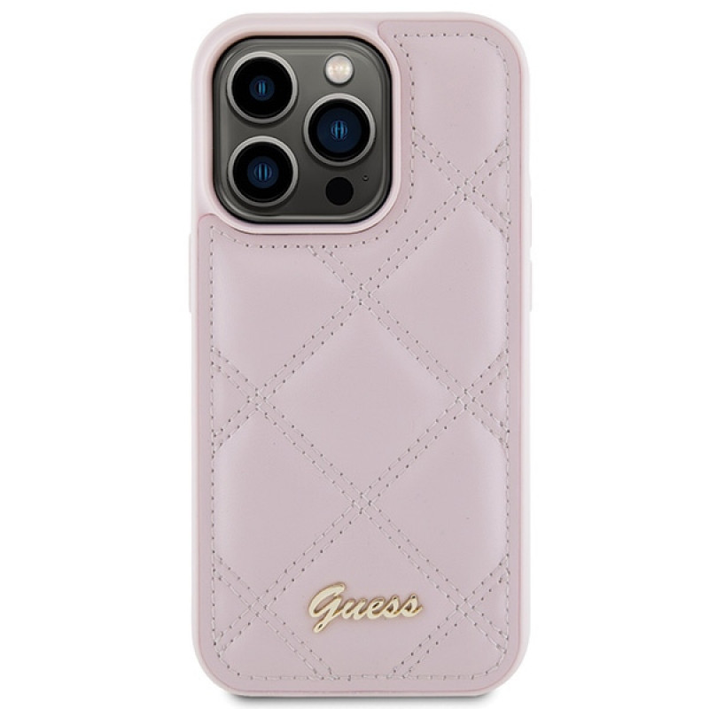 Guess GUHCP15LPSQSQSP Quilted Metal Logo cietais maciņš Apple iPhone 15 Pro, rozā