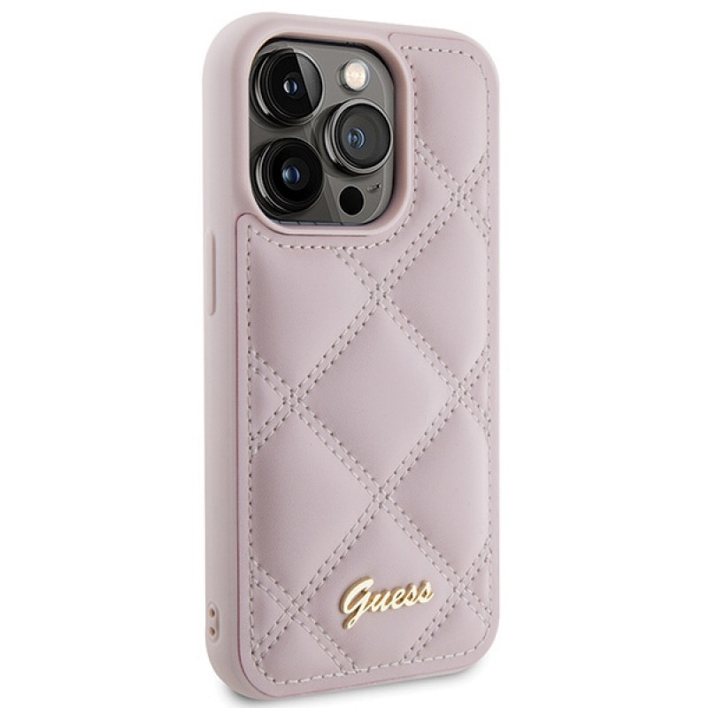 Guess GUHCP15LPSQSQSP Quilted Metal Logo cietais maciņš Apple iPhone 15 Pro, rozā