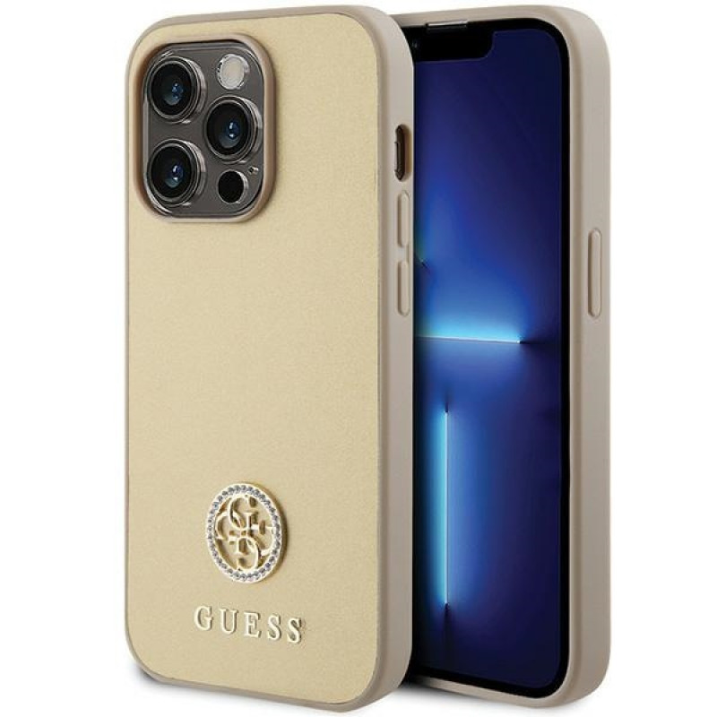 Guess GUHCP15LPS4DGPD PU 4G Strass Metal Logo apvalks Apple iPhone 15 Pro, zelta