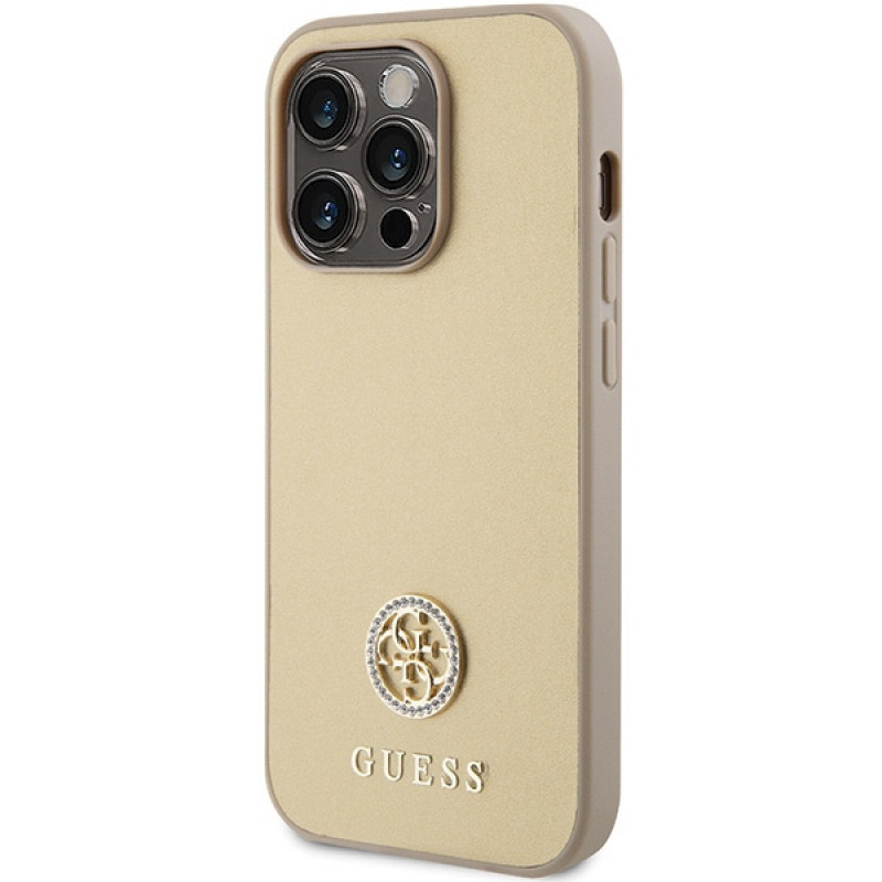 Guess GUHCP15LPS4DGPD PU 4G Strass Metal Logo apvalks Apple iPhone 15 Pro, zelta